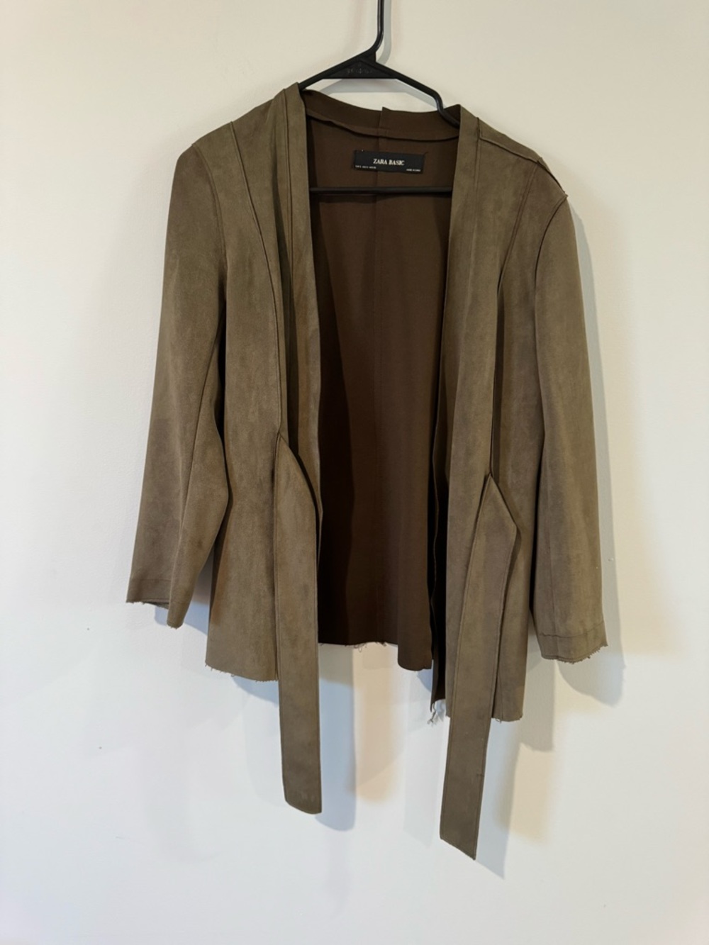 Zara Olive Faux Suede Draped Open-Front Jacket with belt & pockets